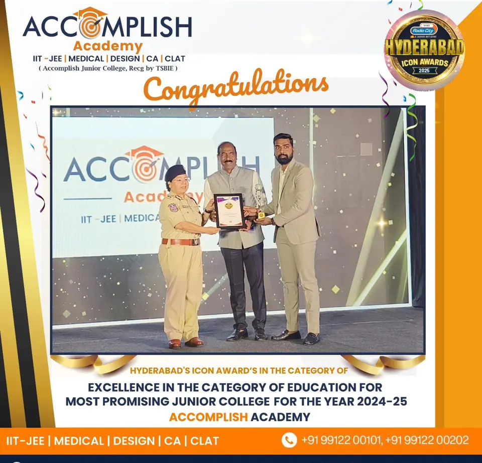 Hyderabad’s Icon Awards poster: Accomplish Academy, Most Promising Junior College 2024–25