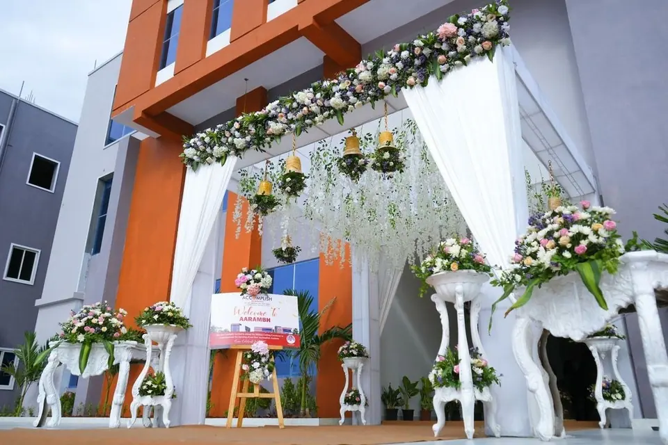 The decorated campus entrance for a celebration