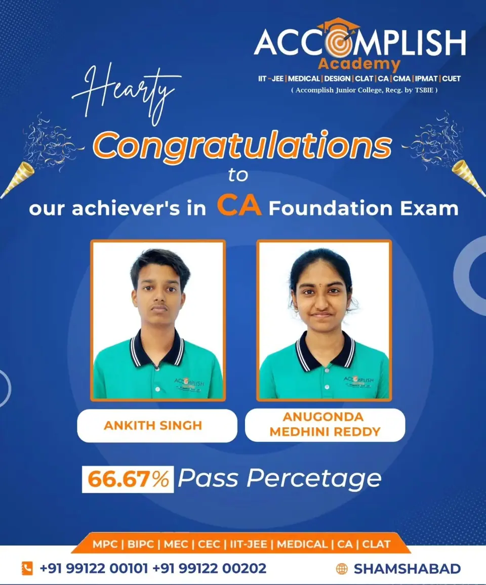 CA Foundation results: Ankith Singh and Anugonda Medhini Reddy